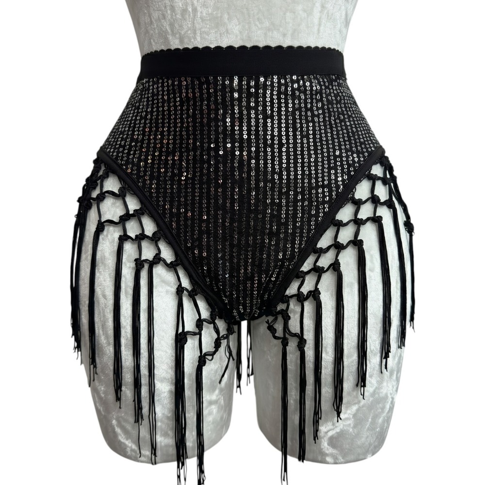 New XS Black Silver Sequin Fringe Macrame Rave Festival Booty Shorts Bottoms